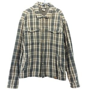 Banded Jacket Mens 2XL Plaid‎ Flannel Shirt Gray Beige Lined Button Workwear